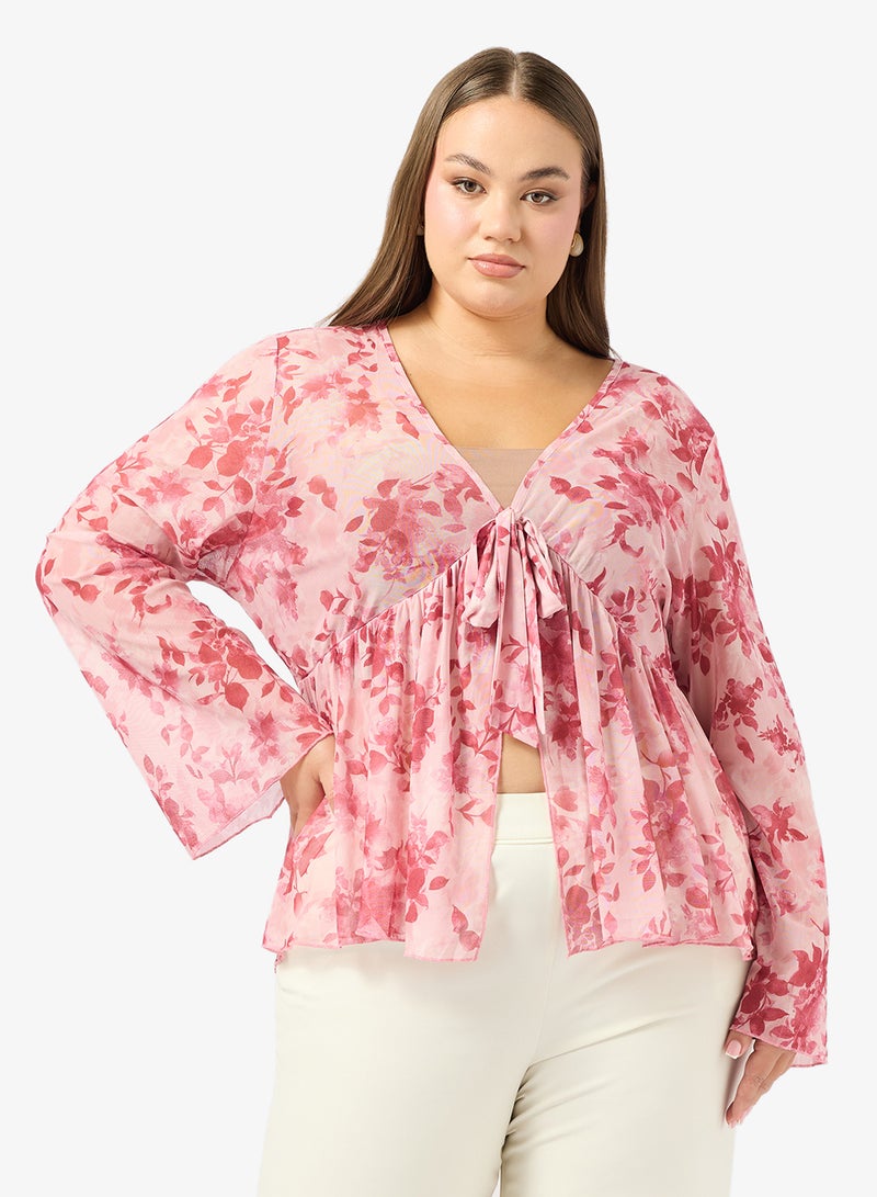 ايلا بلس بلوزة مطبوعة بالزهور مقاس كبير برباط - Image 1